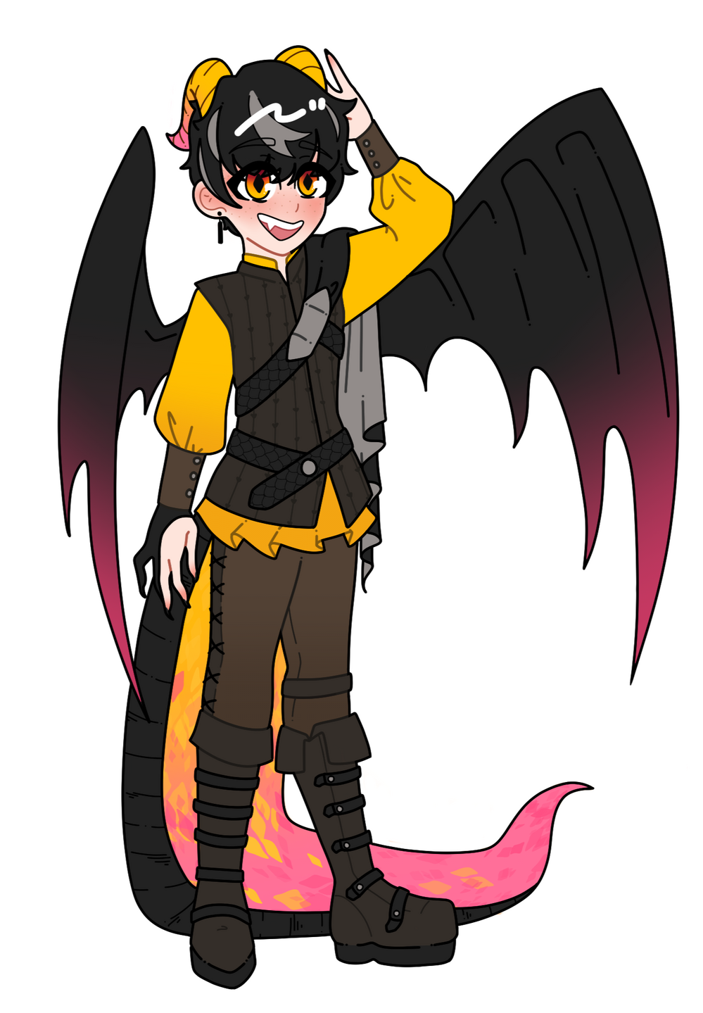 An image of Rune from his reference sheet. He is wearing a yellow-gold tunic with bishop sleeves and brown wristcuffs with silver buttons, a brown vest with vertical stitching, a black dragon scale belt on his waist, and a black dragon-scale belt on his ch